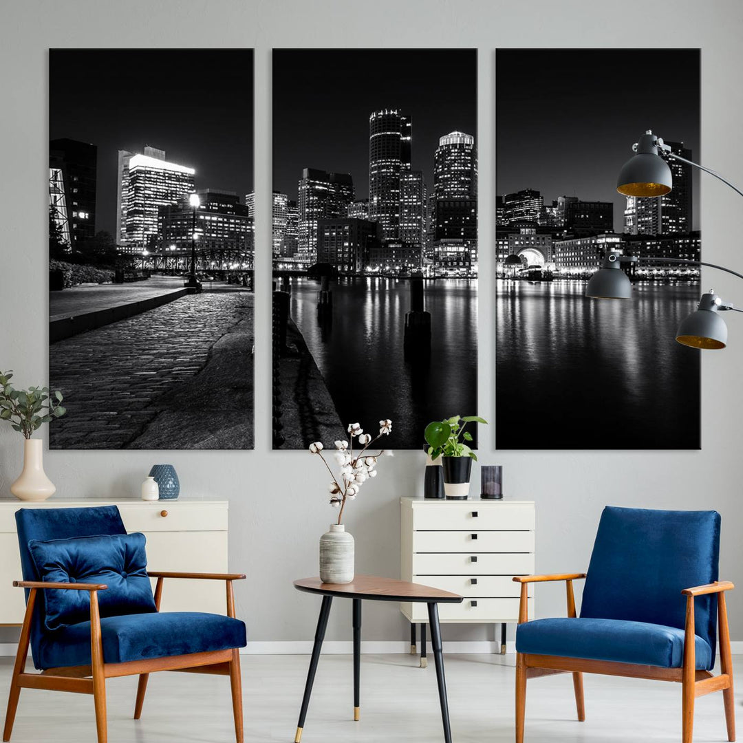 The Boston Lights Skyline Black and White Wall Art Cityscape Canvas Print, crafted with museum-quality canvas and UV-protective coating, serves as a striking triptych centerpiece in the living room.