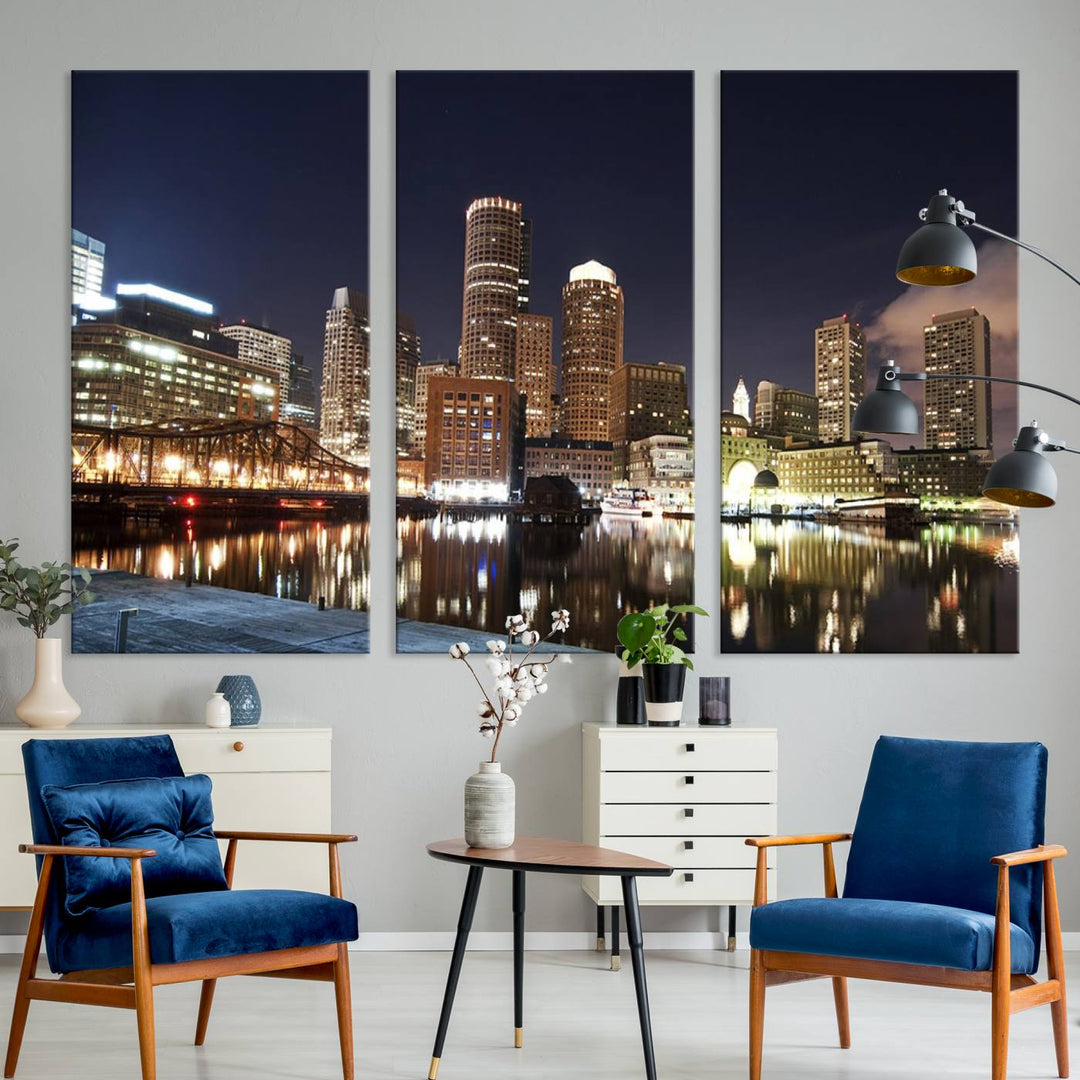 The Boston City Lights Skyline Cityscape View Wall Art Canvas Print showcases a nighttime cityscape on museum-quality canvas.