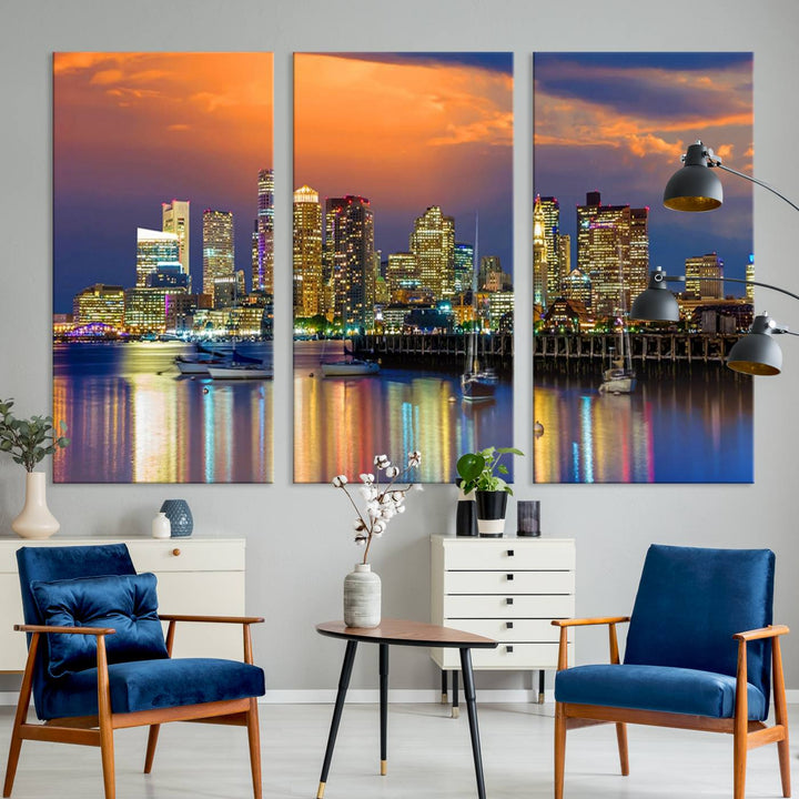 Boston City Night Blue and Orange Skyline Cityscape View Wall Art Canvas Print 