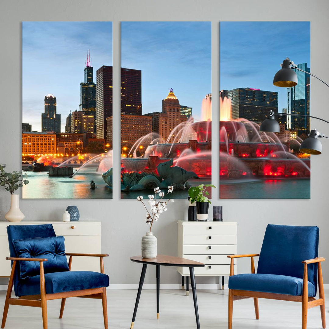 Chicago City Lights Night Skyline Cityscape View Wall Art Canvas Print