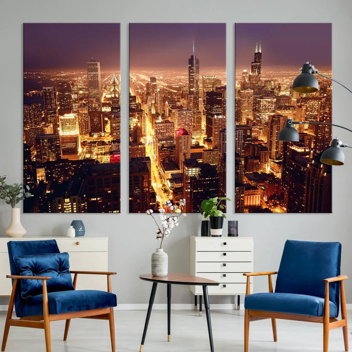 A large artwork showcasing the Chicago Night Skyline cityscape is elegantly displayed on a gallery-wrapped, museum-quality canvas.