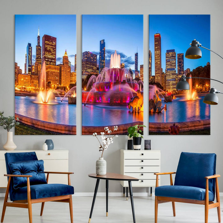 Chicago City Colorful Lights Night Skyline Cityscape View Wall Art Canvas Print