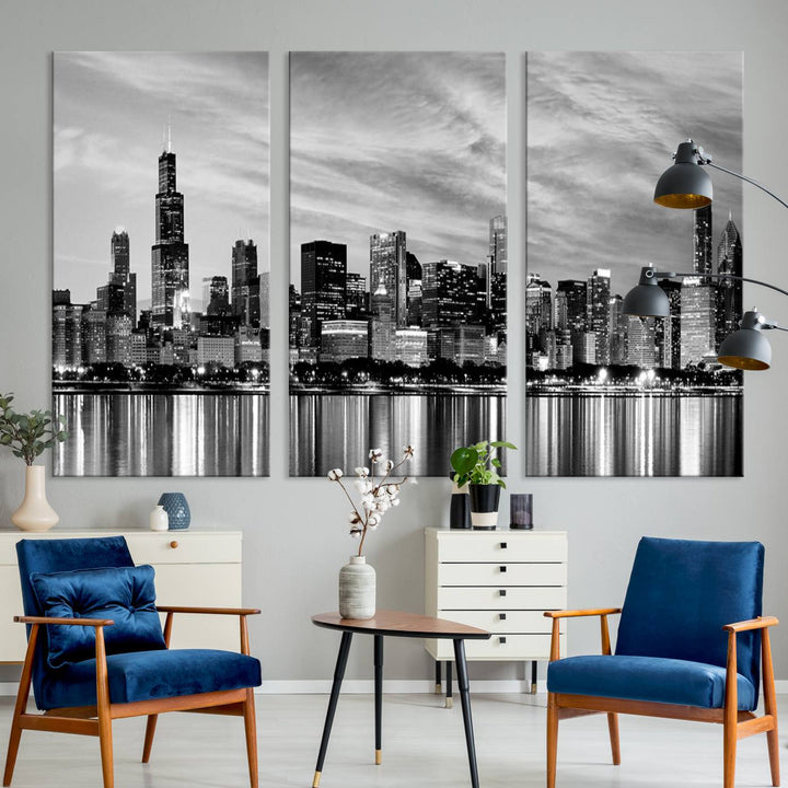 Chicago City Cloudy Skyline Black and White Wall Art Cityscape Canvas Print