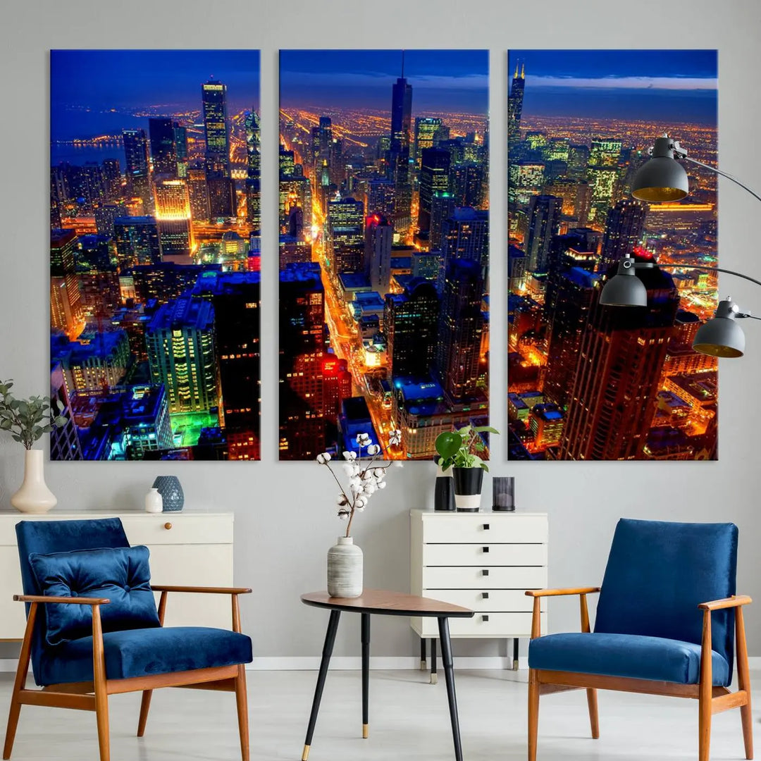 The "Chicago Night Skyline Wall Art" on museum-quality canvas adds long-lasting appeal to the living room.