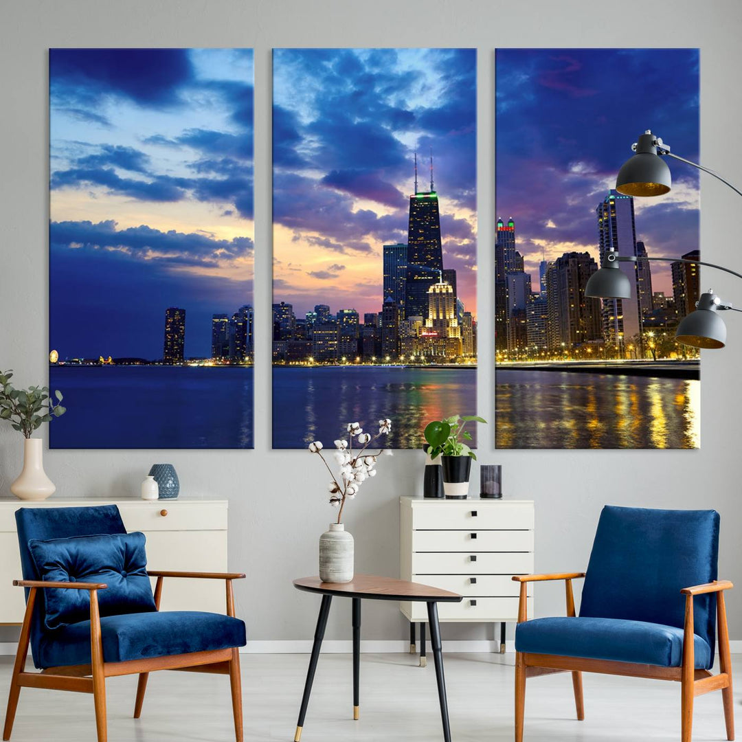 Chicago City Lights Night Cloudy Blue Skyline Cityscape View Wall Art Canvas Print