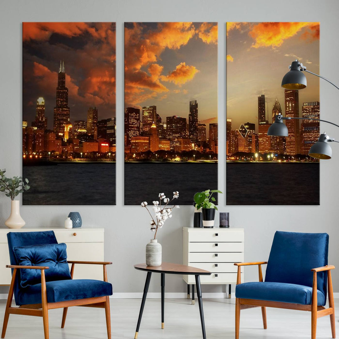 Chicago City Lights Sunset Orange Cloudy Skyline Cityscape View Wall Art Canvas Print