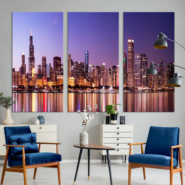 Chicago City Lights Night Purple Skyline Cityscape View Wall Art Impression sur toile