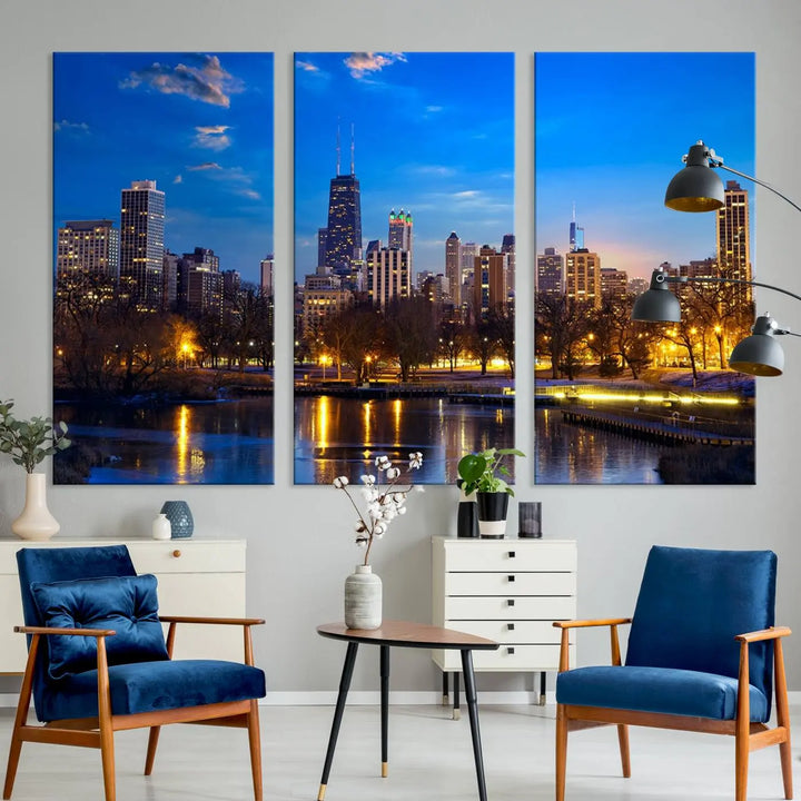 A triptych photo titled "Chicago City Lights Night Blue Skyline Cityscape View Wall Art Canvas Print" is elegantly displayed on gallery-wrapped, museum-quality canvases.