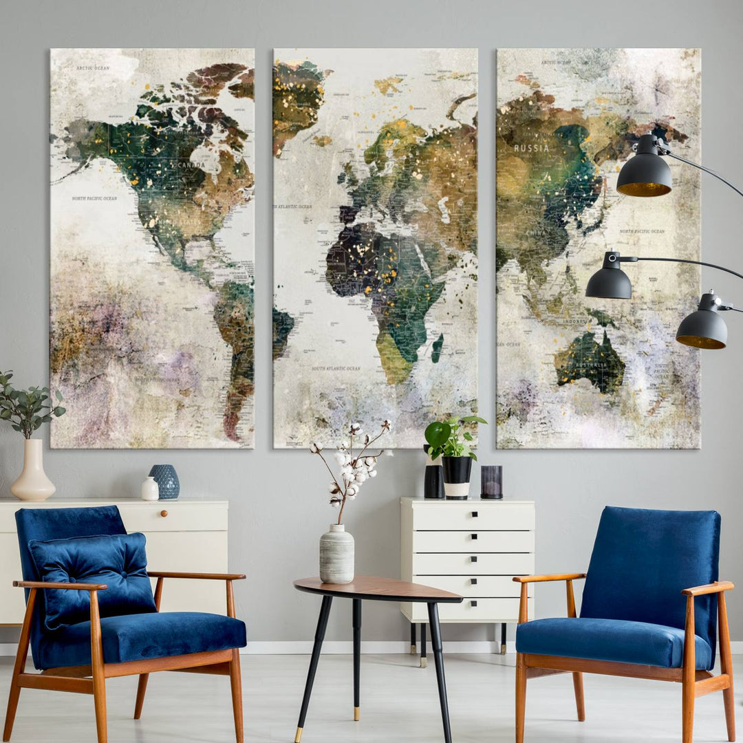 Carte du monde, impression d'art mural, carte sur toile, ensemble mural de 3 panneaux, cadeau, carte de voyage