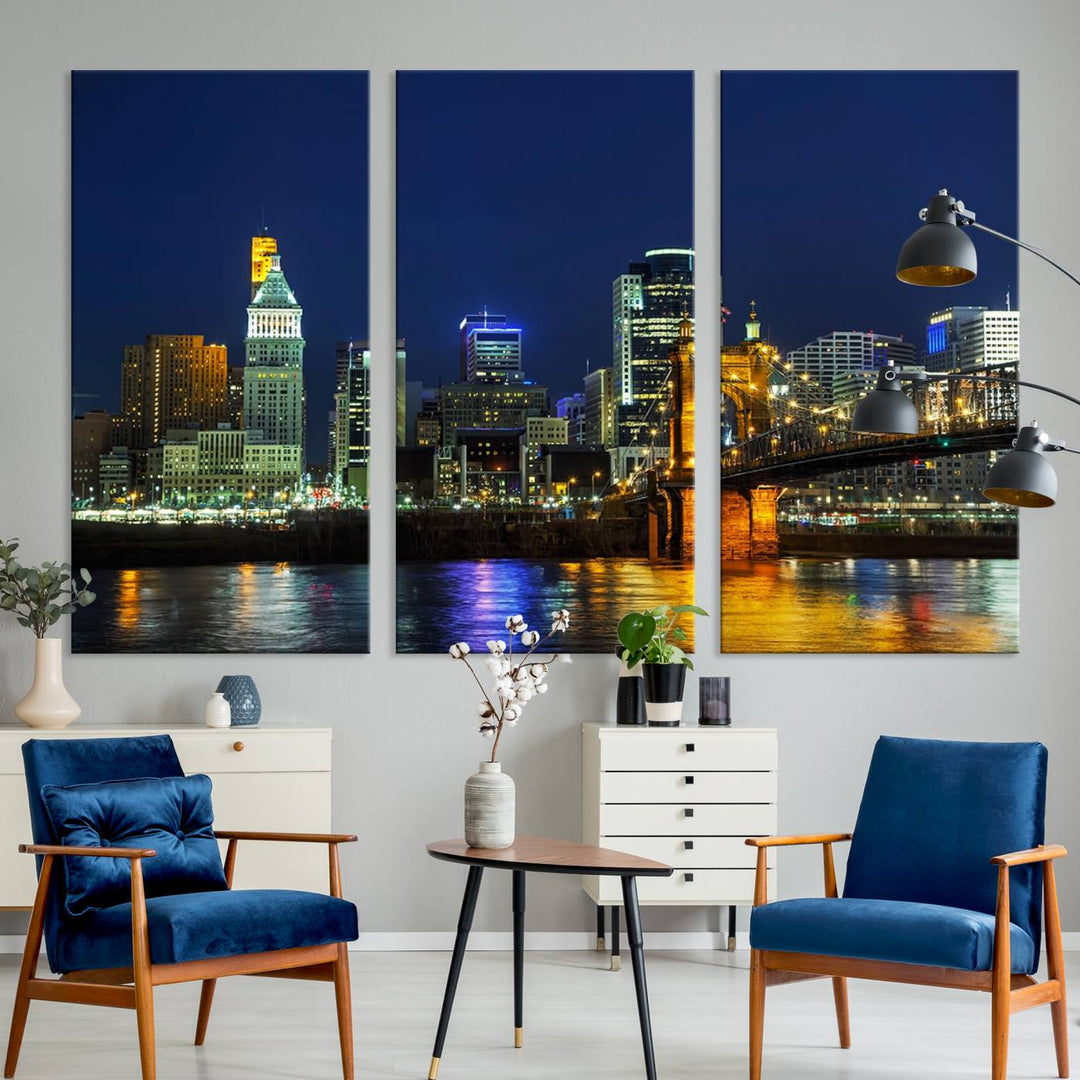 The "Cincinnati City Lights Night Skyline Cityscape" canvas print, displayed above a sofa, exhibits museum-quality craftsmanship with a UV-protective coating.