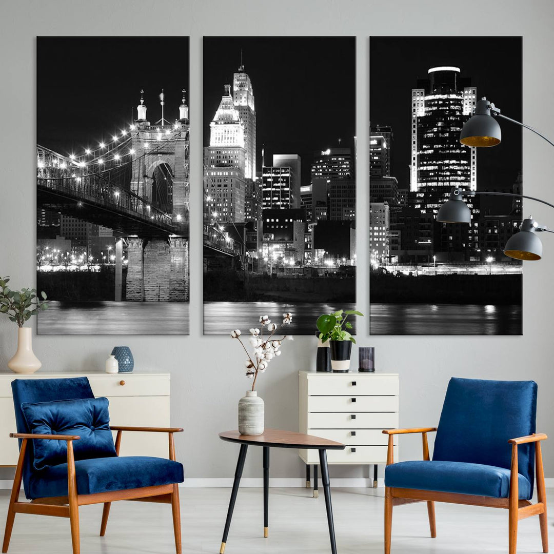 The Cincinnati City Skyline Black and White Wall Art Cityscape Canvas Print is prominently displayed.