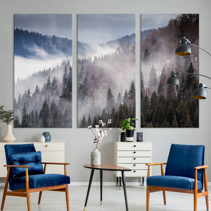 The "Beautiful Rising Fog in Winter Mountain Landscape" wall art is presented on museum-quality canvas, adding a striking visual element to the living room.