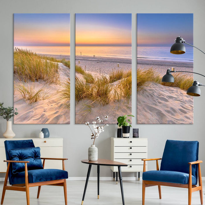 The "Sunset Silence on the Beach" wall art canvas print features a serene beach scene at sunset on museum-quality canvas with a UV-protective coating.