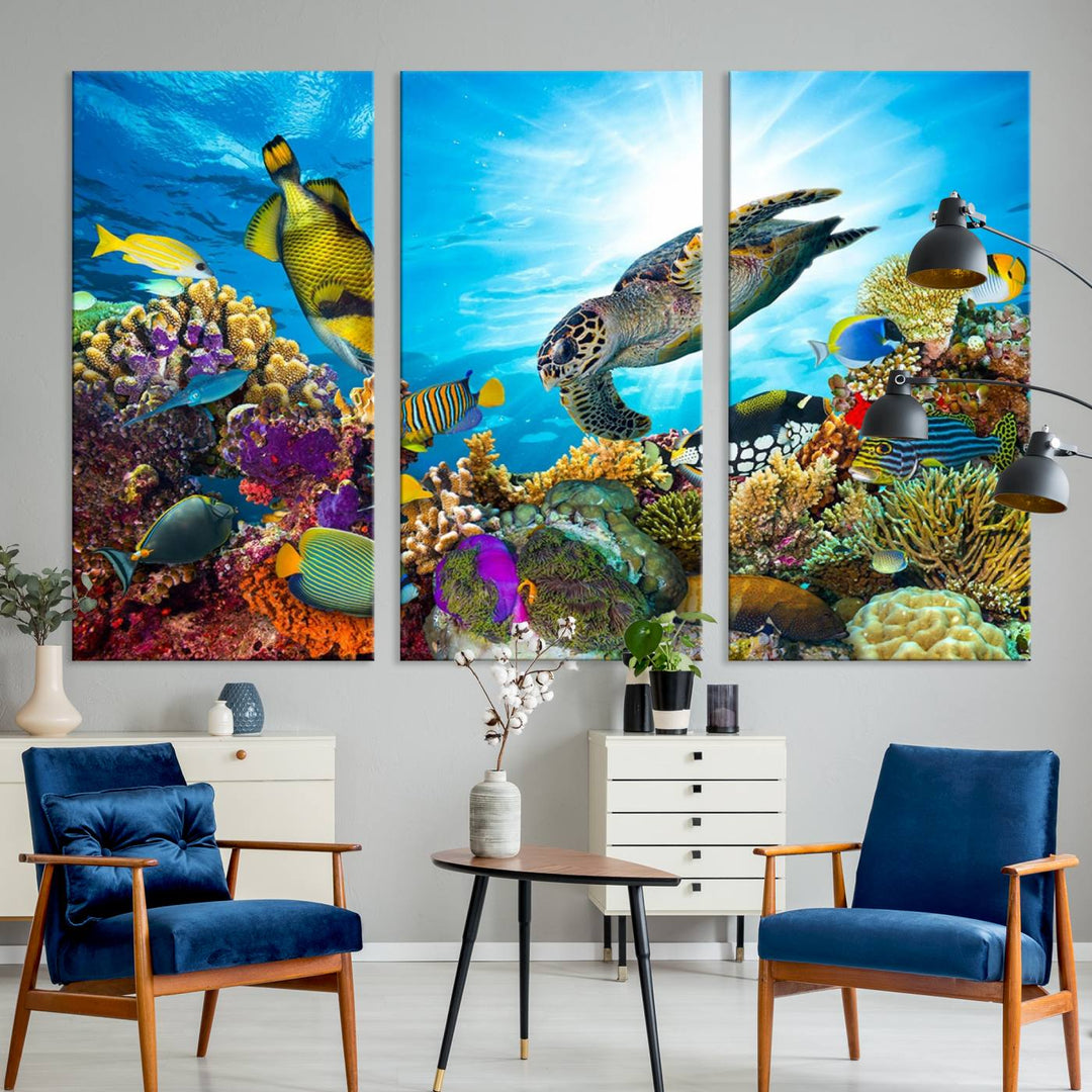 The Aquatic Life Sea Turtles Fish Wall Art Canvas Print is a triptych of vibrant underwater scenes featuring a sea turtle, various fish, and colorful coral. Crafted on museum-quality canvas, this handcrafted masterpiece brings the ocean to life in any space.