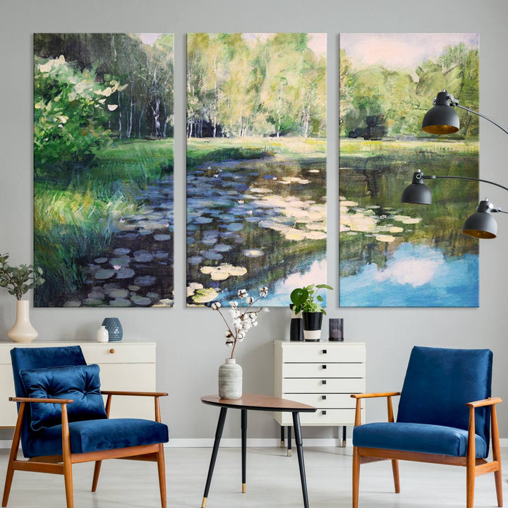 The "Forest Pond River Lake Wall Art Canvas Print" showcases a serene lakeside landscape with trees and water lilies. Crafted on museum-quality canvases and enhanced with UV-protective coating, this piece serves as an elegant addition to any space.