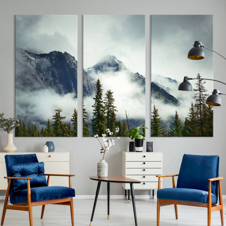 Mountain Mist Canvas Wall Art | 3-Panel Foggy Forest and Mountain Landscape | Large Giclee Print for Living Room, Office, or Cabin, Farmhouse Decor