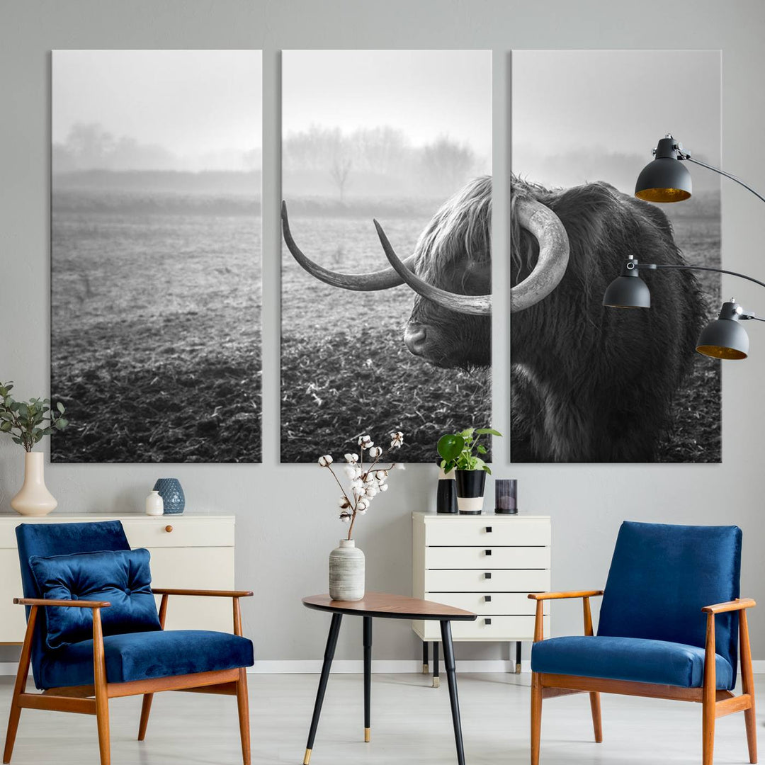 The living room features a three-panel wall art of a highland cow in a foggy field, using the Cow Wall Art Canvas Print for visual impact. This museum-quality canvas includes UV-protective coating to ensure longevity.