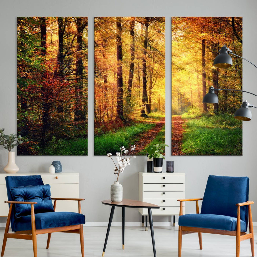 The Sunlight Through Trees Wall Art Canvas Print showcases a sunlit forest path in autumn on gallery-wrapped, museum-quality canvas with UV-protective coating.