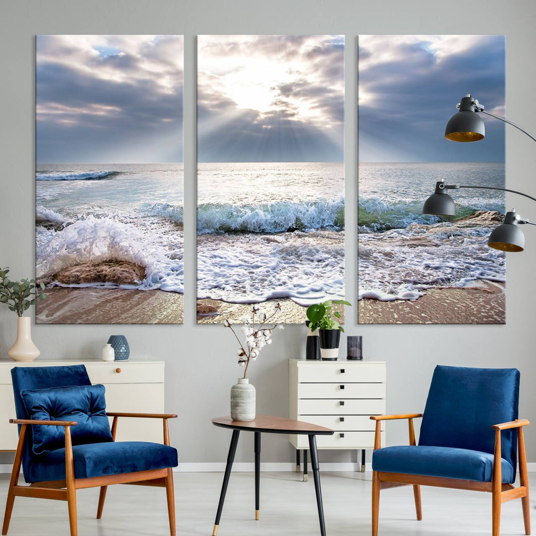 Sunset At The Beach Wall Art Canvas Print, showcasing a triptych of a tranquil ocean view with waves and sun rays, is printed on museum-quality canvas with UV-protective coating. Enjoy this artistic elegance with free shipping.