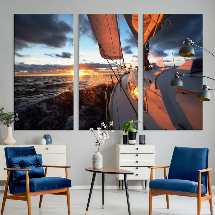 The modern living room is adorned with the Ocean Sunset Sailboat Wall Art, a triptych crafted on museum-quality canvas featuring UV-protective coating for lasting vibrancy.