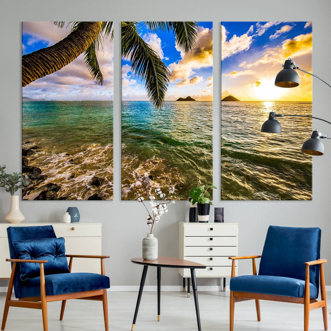 The Sunset Lake View Wall Art Canvas Print, gallery wrapped on a museum-quality canvas, enhances the vibrant living room decor with its UV-protective coating.