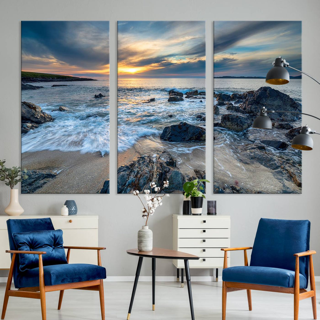 The "Beautiful Stormy Sunset at Bagh Steinigidh Beach Stones" triptych ocean-themed wall art is displayed on museum-quality canvas and features a UV-protective coating.