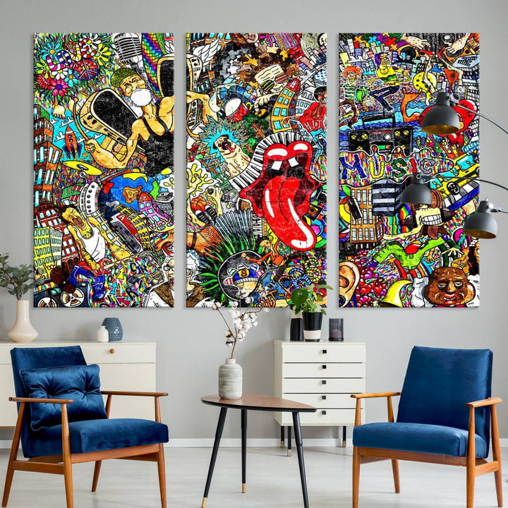 The Crazy Colors Music Vibes Wall Art Canvas Print showcases vibrant multi-panel abstract designs with colorful details on museum-quality canvas and is protected by a UV-coating.