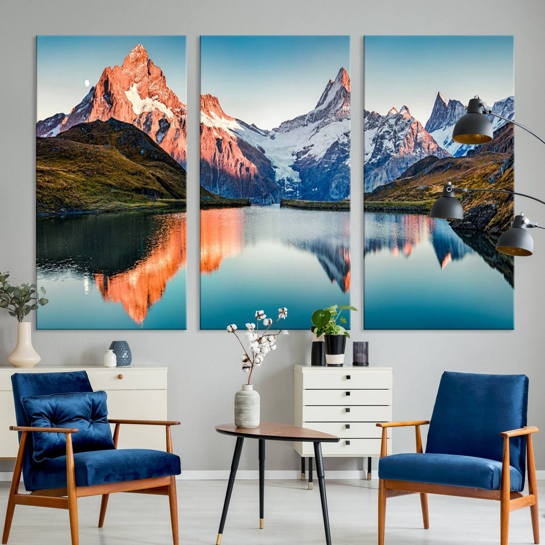 The living room features the Landscape Mountain and Lake View Wall Art Canvas Print. This triptych is expertly handmade in the USA on museum-quality canvas and includes a UV-protective coating to ensure lasting beauty.