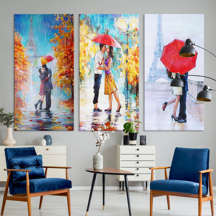 A triptych of the "Love in Paris Wall Art Canvas Print" showcases a couple with an umbrella in romantic settings. This artwork is crafted on museum-quality canvas and features a UV-protective coating for peace of mind. It also comes with the added convenience of free shipping.