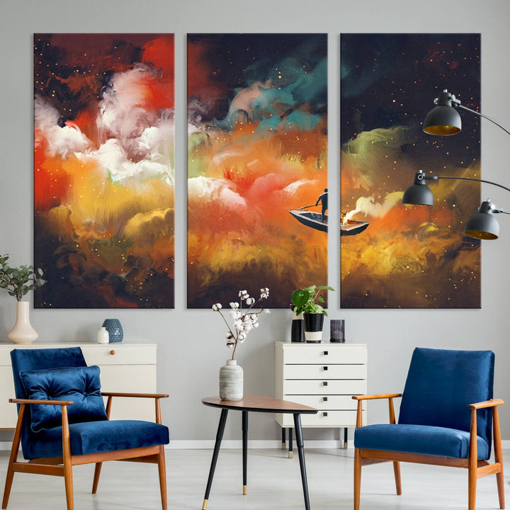 The "Surreal Space Adventure Canvas Wall Art" is a dreamlike abstract galaxy print with an astronaut among clouds, inviting you on a space adventure. This stunning piece comes framed and ready to hang, making it perfect for enhancing living room or bedroom decor.