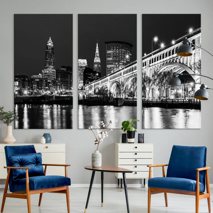 Enhance your space with the Cleveland Night Skyline Wall Art City Cityscape Canvas Print, a museum-quality black and white triptych. This ready-to-hang masterpiece is designed to elevate any room's aesthetic.