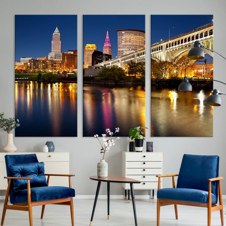 The "Cleveland Night Skyline Wall Art City Cityscape Canvas Print" is a striking feature in the room, showcasing a city skyline with a bridge reflecting in a river. Displayed on museum-quality canvas, it offers enduring beauty.