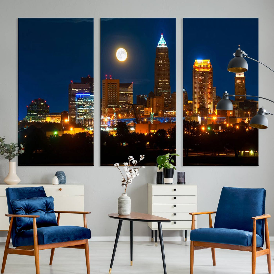 The "Cleveland Night Skyline Wall Art City Cityscape Canvas Print" adds elegance to the room with its depiction of a city skyline and full moon on museum-quality canvas. The artwork is enhanced by a UV-protective coating to ensure lasting brilliance.