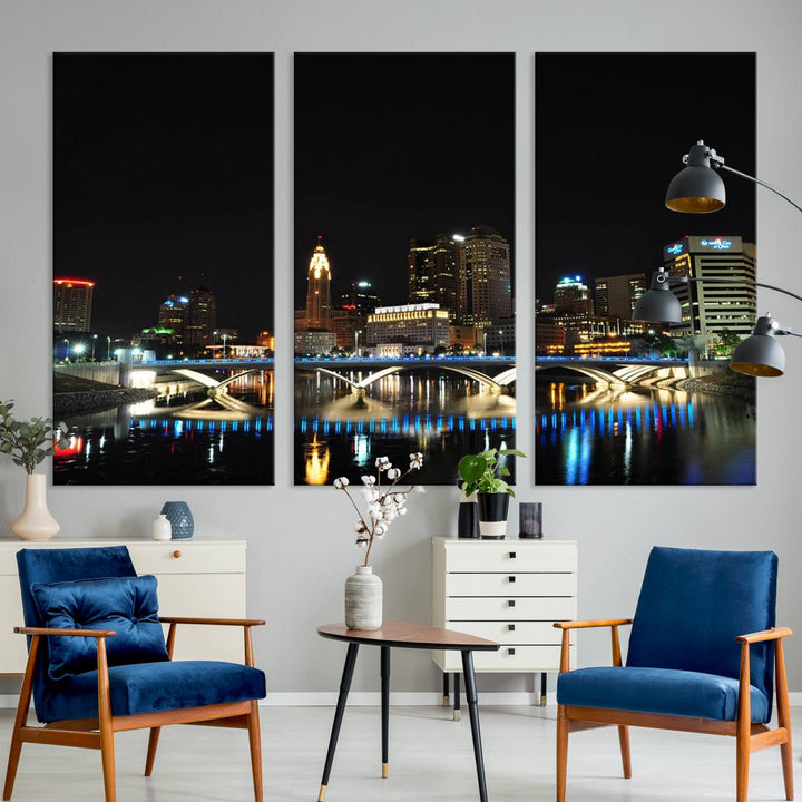 The "Columbus City Lights Night Skyline Cityscape View Wall Art Canvas Print" elegantly decorates the area, presented on museum-quality canvases that feature UV-protective coating to maintain their vibrant appearance.