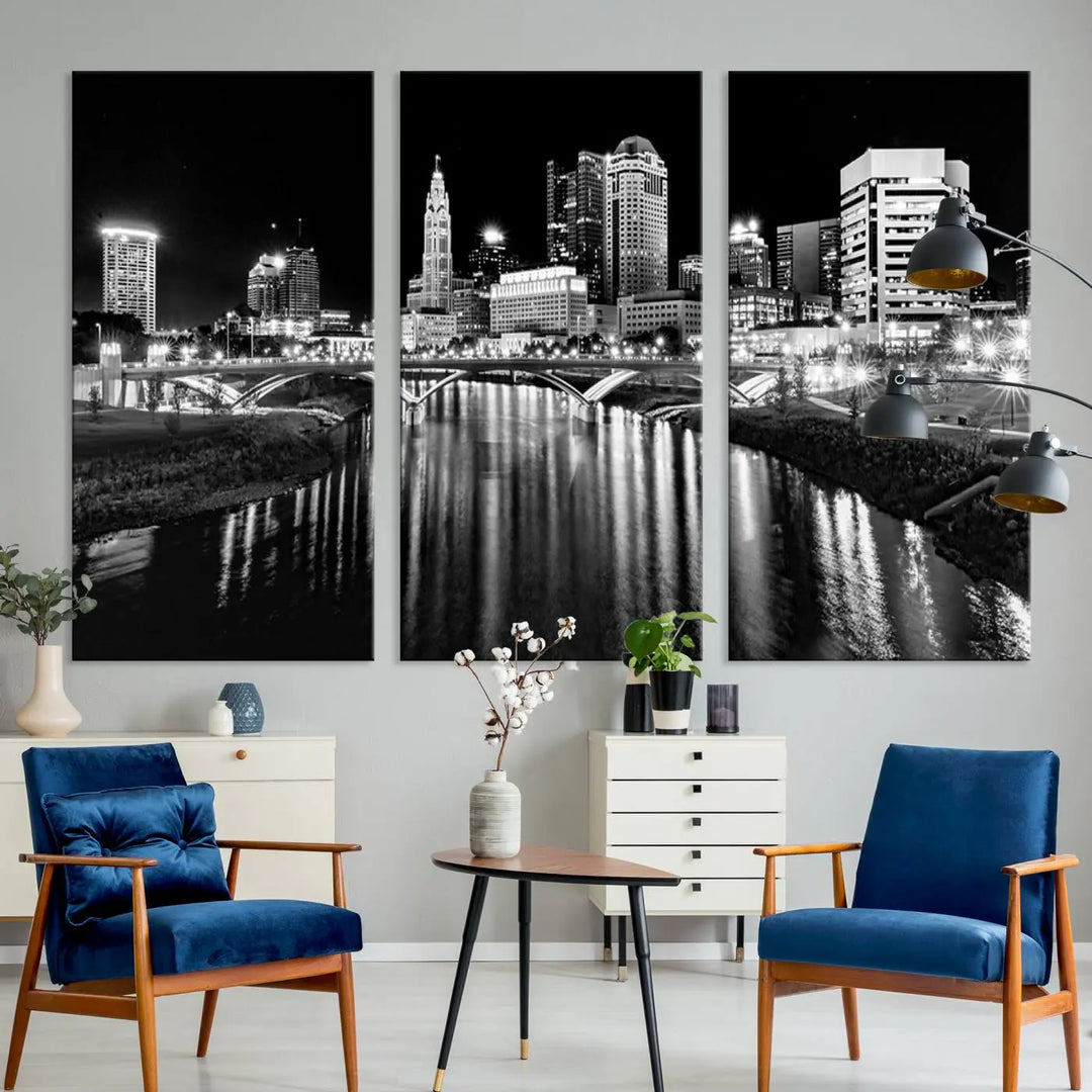 The living room showcases the Columbus City Lights Skyline Black and White Wall Art Cityscape Canvas Print.