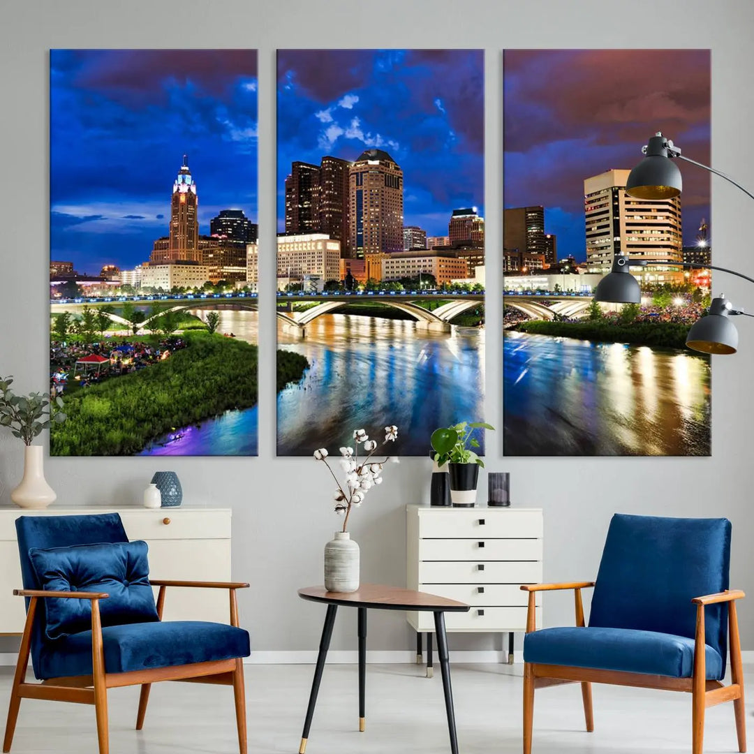 Columbus City Lights Night Bright Blue Cloudy Skyline Cityscape View Wall Art Canvas Print, gallery wrapped on museum-quality canvas, reflecting on a river.