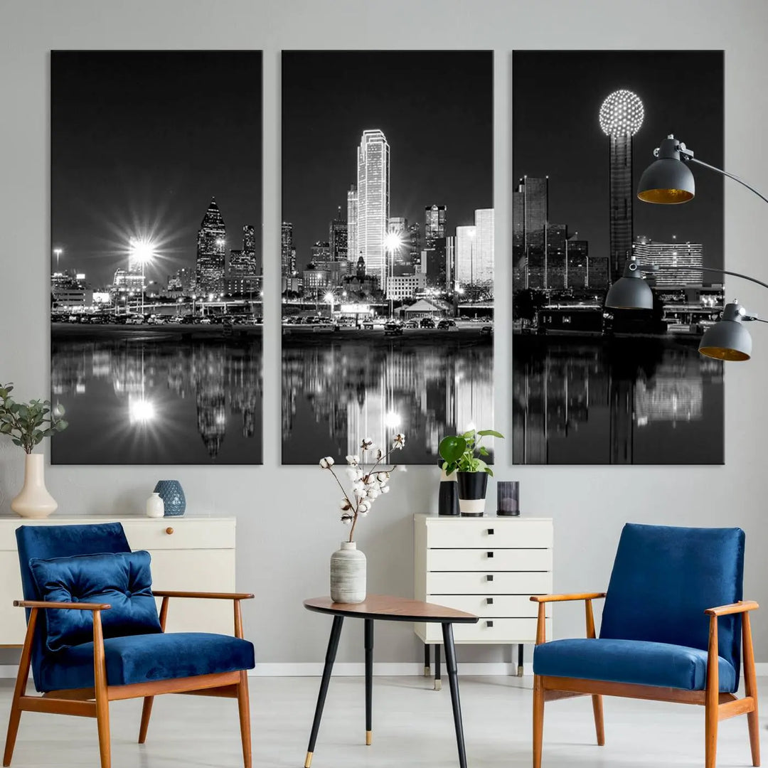 The Dallas City Lights Skyline Black and White Wall Art Cityscape Canvas Print is a striking addition to any space. These museum-quality canvases feature a UV-protective coating to maintain their beauty over time. Enjoy the convenience of free shipping when you choose this elegant piece for your home.