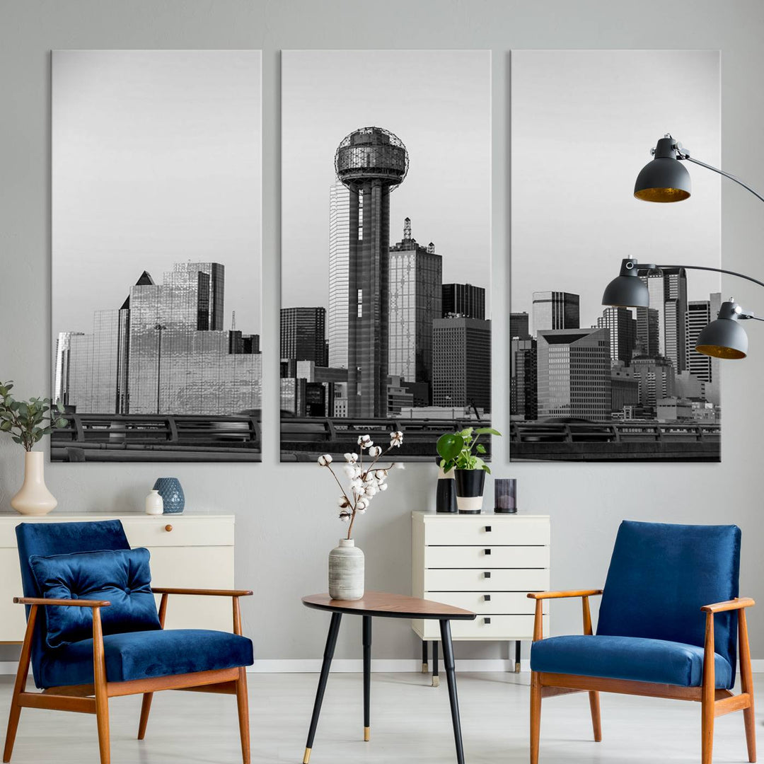 The Dallas City Lights Skyline Black and White Wall Art is elegantly displayed on museum-quality canvas.