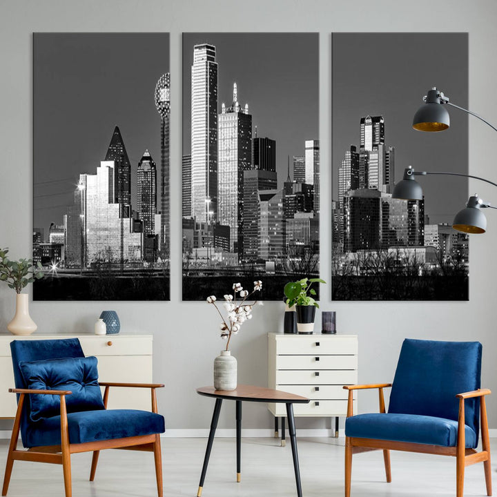 The Dallas City Skyline Black and White Wall Art Cityscape Canvas Print features a gallery-wrapped, museum-quality finish.