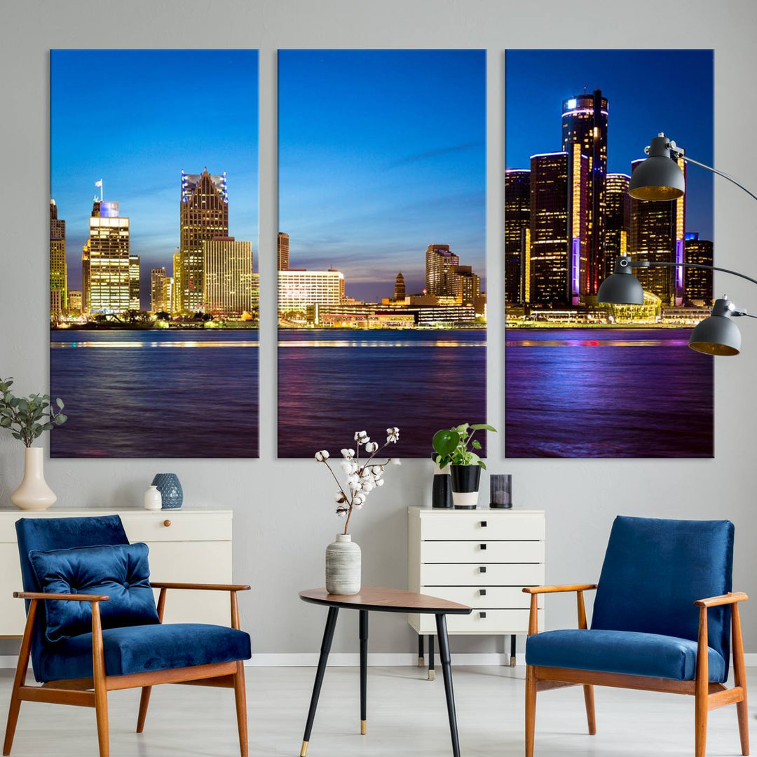 The living room features a breathtaking canvas print titled "Detroit City Lights Night Bright Blue Skyline Cityscape View," presented in a stunning triptych format on museum-quality canvases that are ready to hang.