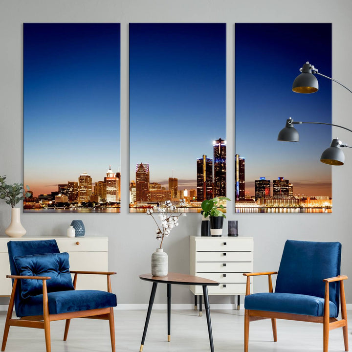 The Detroit City Lights Sunrise Skyline Cityscape View Wall Art Canvas Print adorns the modern living room. Crafted on museum-quality canvas with a UV-protective coating, this piece is ready to hang and elegantly elevates your décor.