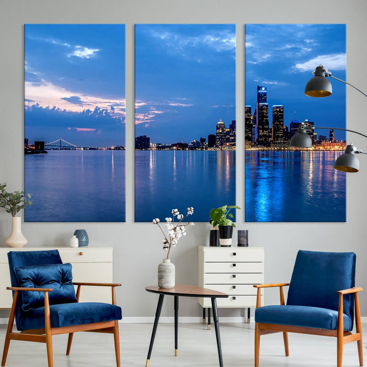 The "Detroit City Lights Night Blue Cloudy Skyline Cityscape View" wall art, displayed on museum-quality canvases, is split into three gallery-wrapped panels.