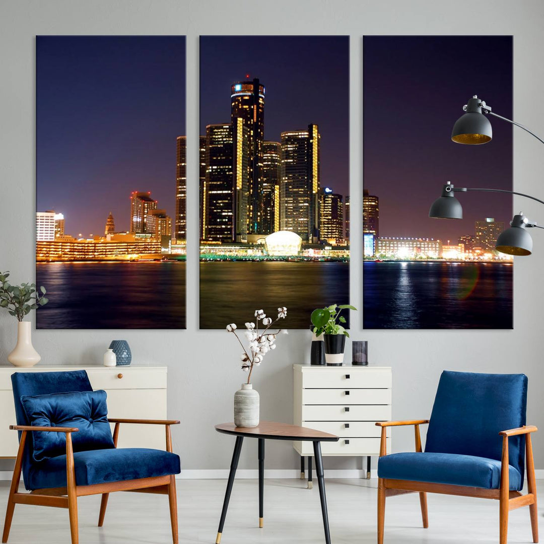 The Detroit City Lights Night Skyline Cityscape View Wall Art Canvas Print, elegantly split into three panels, is made from museum-quality pollycotton and gallery wrapped for a sophisticated touch. It is available with free shipping to effortlessly elevate your space.