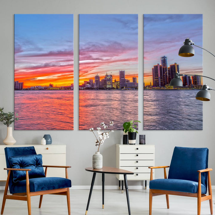 The Detroit City Lights Sunset Colorful Cloudy Skyline Cityscape View Wall Art Canvas Print showcases a vibrant city skyline at sunset over water. The artwork is museum-quality, comes ready to hang, and features a UV-protective coating to preserve its vivid colors.