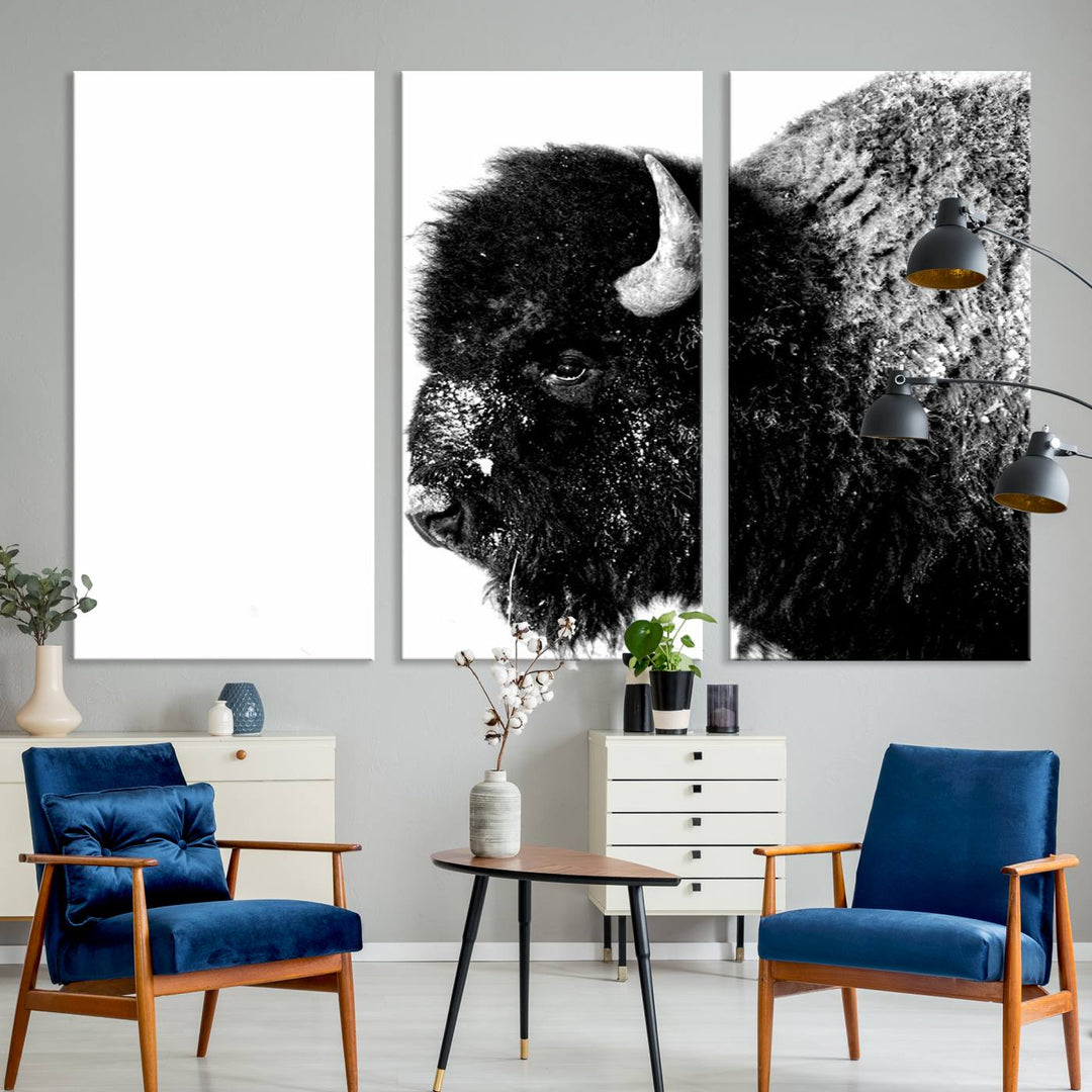 American Bison Wall Art - Buffalo Wall Art Black and White Canvas Print - Framed, Ready to Hang, Modern Nature-Inspired Artwork for Home and Office Decor