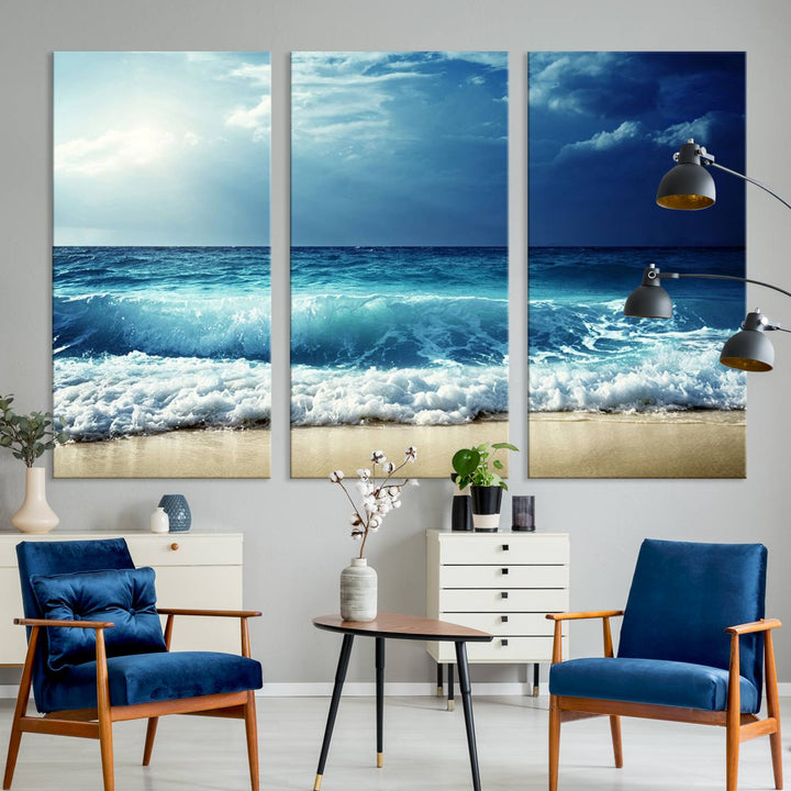 Majestic ocean wave wall art in a 3-panel canvas set. Perfect for living room, bedroom, or office decor. Ready to hang.