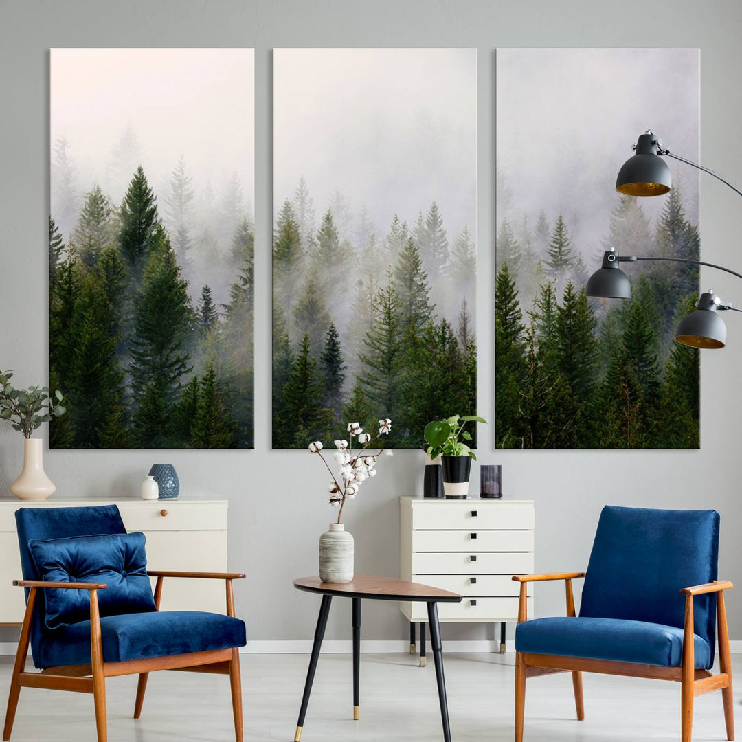 A 3-panel Misty Pine Forest Wall Art Canvas Print, featuring a green woodland scene, adorns the wall.