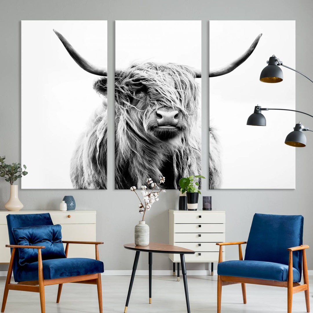 Lienzo de vaca de las Tierras Altas, arte de pared, decoración de granja, vaca, impresión en blanco y negro, decoración de pared rústica, pintura de animales, pared de vaca escocesa