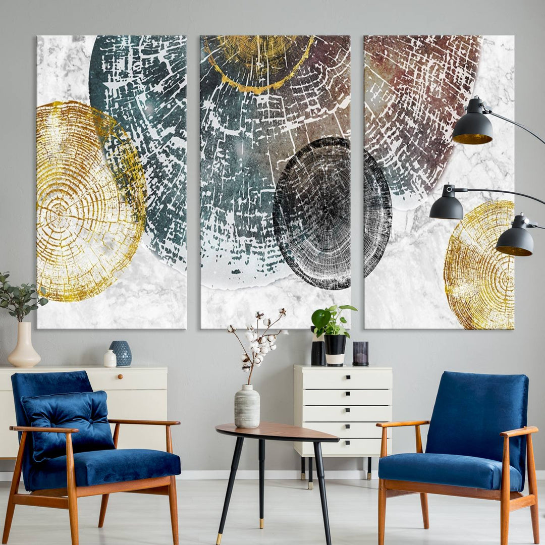 Contemporary living room showcasing the "Wood Lines" 3 Panel Abstract Wall Art Canvas Print displaying museum-quality tree ring art on the wall.