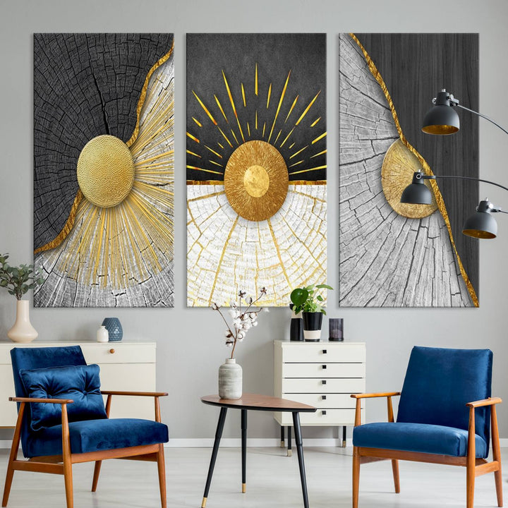 A contemporary living room is enhanced by the Minimal Style 3 Panel Abstract Wall Art Canvas Print in gold and gray. Each panel arrives ready to hang, providing an easy fusion of elegance and modernity.